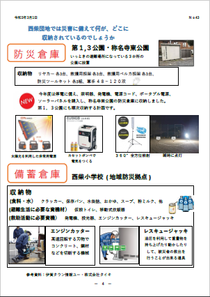 住みよい街 西柴団地　西柴防災ニュース43号を発行しました。防災倉庫;備蓄倉庫の中身;