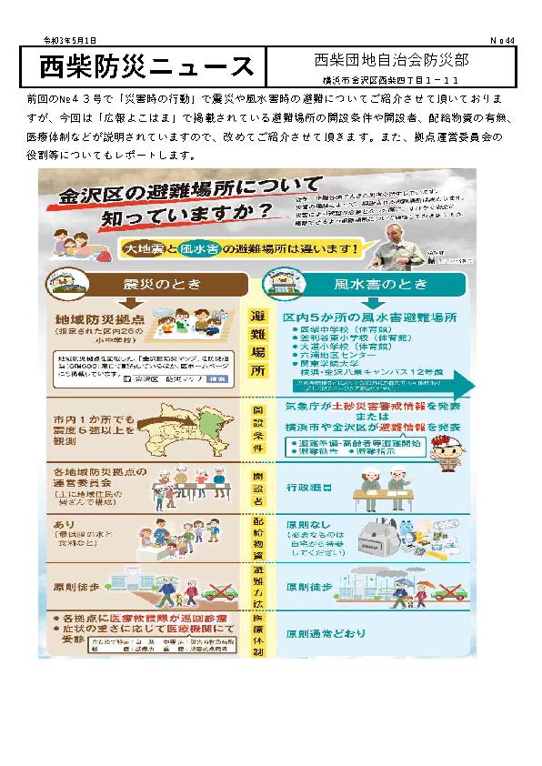 住みよい街 西柴団地　西柴防災ニュース44号を発行しました。震災の時;風水害の時;避難場所;解説条件;開設者;配給物資;避難方法;医療体制